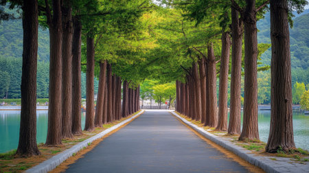 Natural Boulevard: The stunning metasequoia-lined road in Damyang, Korea, with trees forming a natural boulevard. A beautiful and serene landscape.の素材
