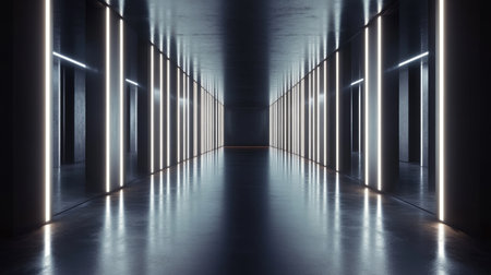 Modern futuristic corridor with sleek, polished cement floors, illuminated by vertical light strips along the walls. Ideal for showcasing technology products or interior designs.の素材