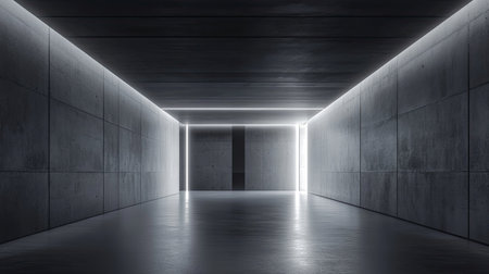 Minimalist futuristic room with dark cement walls and soft, glowing light accents, creating a high-tech setting for product displays or interior design concepts.の素材