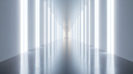 Modern futuristic corridor with sleek, polished cement floors, illuminated by vertical light strips along the walls. Ideal for showcasing technology products or interior designs.の素材