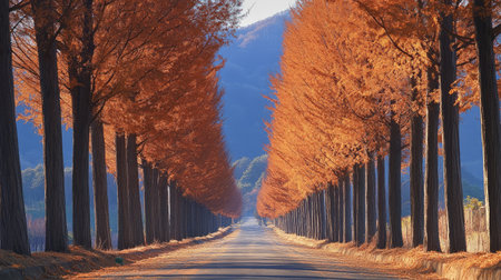 Natural Escape: The serene metasequoia tree-lined road in Damyang, Korea, providing a beautiful and tranquil escape amidst nature.の素材