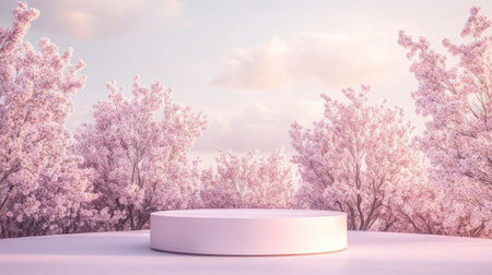Minimalist beauty podium set amidst a grove of blooming sakura trees, with a soft pastel sky in the background. A serene spring scene ideal for showcasing natural products.の素材