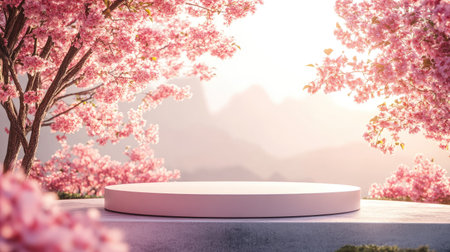 Natural beauty podium set under sakura cherry blossoms, with soft sunlight filtering through the branches. A perfect spring backdrop for elegant product displays.の素材