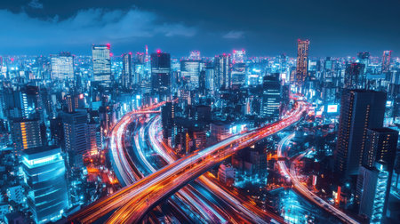 Nighttime cityscape featuring sleek skyscrapers, illuminated bridges, and advanced technology hubs. A perfect setting for innovative tech presentations.の素材