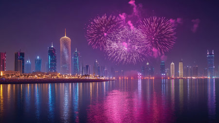 National Day Fireworks: Spectacular fireworks display lighting up the night sky over Doha, Qatar, celebrating Qatar National Day on September 23, 2018.の素材