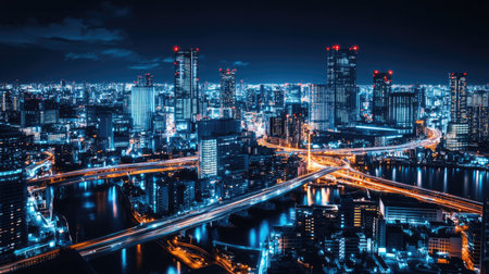 Nighttime cityscape featuring sleek skyscrapers, illuminated bridges, and advanced technology hubs. A perfect setting for innovative tech presentations.の素材