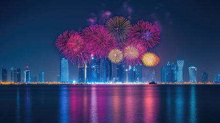 National Day Fireworks in Doha: Captivating fireworks display over Doha, Qatar, celebrating National Day on September 23, 2018, with colorful explosions lighting up the night.の素材