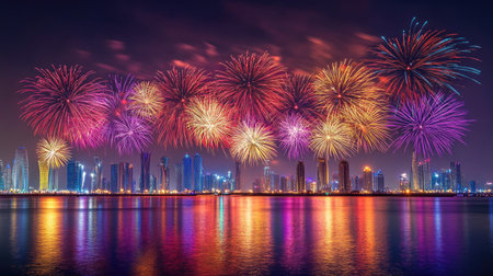 National Day Fireworks in Doha: Captivating fireworks display over Doha, Qatar, celebrating National Day on September 23, 2018, with colorful explosions lighting up the night.の素材