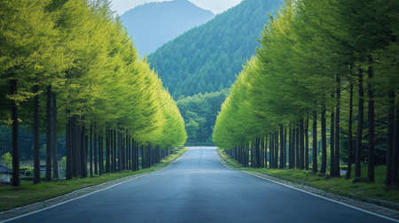 Natural Boulevard: The stunning metasequoia-lined road in Damyang, Korea, with trees forming a natural boulevard. A beautiful and serene landscape.の素材