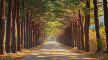 Natural Boulevard: The stunning metasequoia-lined road in Damyang, Korea, with trees forming a natural boulevard. A beautiful and serene landscape.の素材