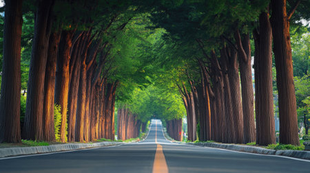 Nature's Avenue: Damyangaes metasequoia tree-lined road in Korea, showcasing the majestic trees forming a natural tunnel. A serene and picturesque landscape.の素材