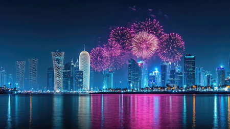 National Day Fireworks: Spectacular fireworks display lighting up the night sky over Doha, Qatar, celebrating Qatar National Day on September 23, 2018.の素材