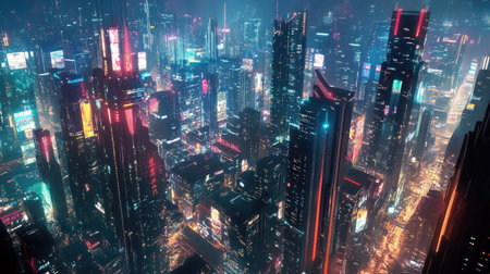 Nighttime view of a high-tech city with towering skyscrapers, neon lights, and advanced urban infrastructure. A perfect backdrop for cutting-edge tech themes.の素材
