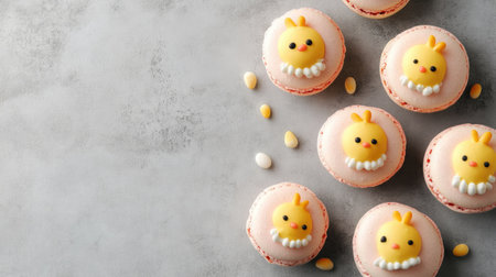 Playful Easter chick macarons with vanilla and lemon filling, arranged on a concrete background. Room for text or design elements in the copy space.の素材