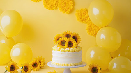 Playful cake smash setup with a sunflower-topped cake, sunflower garlands, and bright yellow balloons on a vibrant yellow background. Ideal for capturing joyful moments.の素材