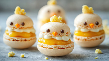 Playful Easter macarons shaped like chicks, filled with lemon curd and vanilla cream, set on a concrete background with open copy space.の素材