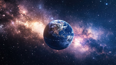 Planet Earth seen from space, with a bright nebula casting a soft glow and stars twinkling all around, a stunning cosmic view. Elements furnished by NASAの素材