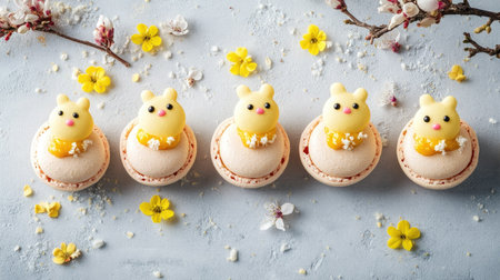 Playful Easter macarons shaped like chicks, filled with lemon curd and vanilla cream, set on a concrete background with open copy space.の素材