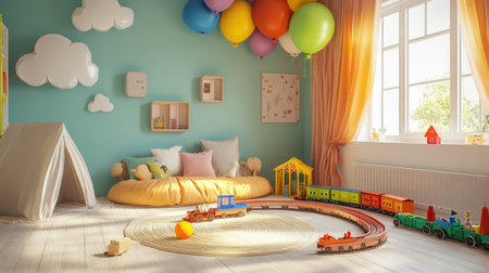 Playful and bright children's room with rainbow-colored balloons, whimsical paper clouds, and a toy train set winding around the floor. Natural light adds warmth.の素材