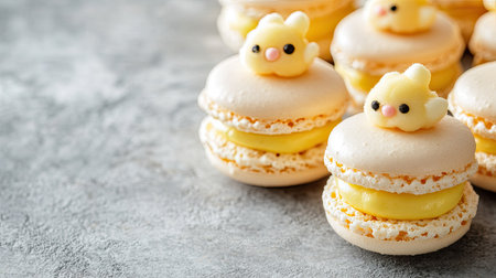 Playful Easter chick macarons with vanilla and lemon filling, arranged on a concrete background. Room for text or design elements in the copy space.の素材