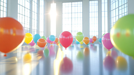 Playful 3D rendering of a room filled with colorful balloons, softly floating and casting reflections on the sleek floor.の素材