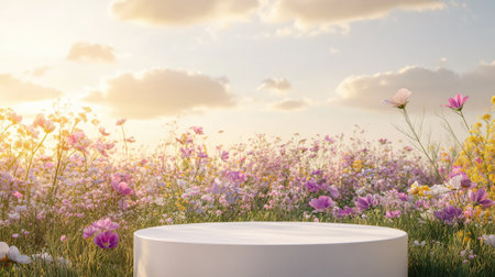 Sleek beauty podium with a stunning field of spring flowers as the backdrop, 3D rendering showcasing the delicate balance between modern design and natural beauty.の素材