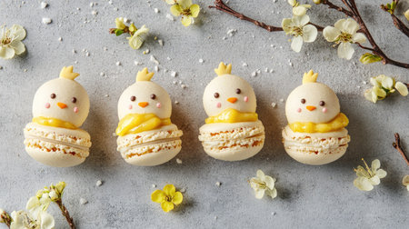 Playful Easter macarons shaped like chicks, filled with lemon curd and vanilla cream, set on a concrete background with open copy space.の素材