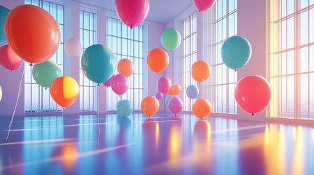 Playful 3D rendering of a room filled with colorful balloons, softly floating and casting reflections on the sleek floor.の素材