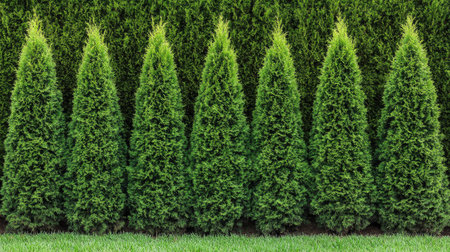 Row of thuja trees forming a green hedge, perfect for garden borders and outdoor decor. Dense, vibrant greenery in a natural setting.の素材