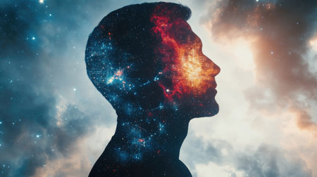 Silhouette of a man, filled with cosmic visuals and physics formulas, symbolizing the universe within and the balance of science and philosophy. Elements furnished by NASAの素材