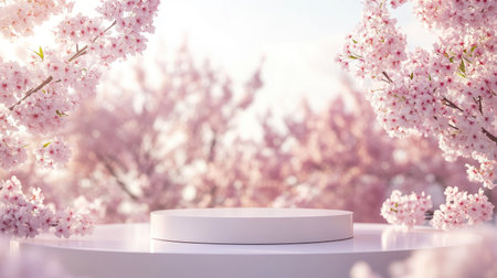 Podium in a tranquil spring garden, surrounded by blooming sakura trees and a gentle breeze. A perfect natural setting for showcasing beauty products.の素材