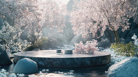 Podium in a tranquil spring garden, surrounded by blooming sakura trees and a gentle breeze. A perfect natural setting for showcasing beauty products.の素材
