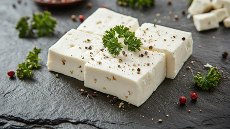 Close-up of thick slices of feta cheese on a stone background, garnished with parsley leaves and a light dusting of cracked pepper, styled for a breakfast menuの素材