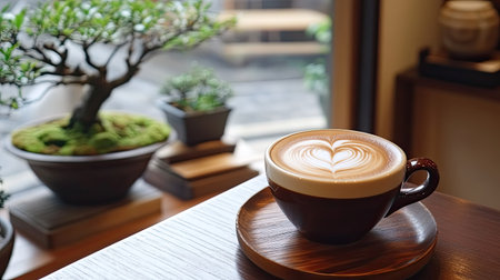 Cappuccino with heart-shaped latte art in a Kyoto cafae, with a tranquil atmosphere, tatami mats, and bonsai trees adding a Zen touchの素材