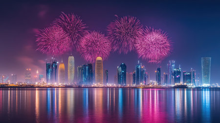 National Day Fireworks: Spectacular fireworks display lighting up the night sky over Doha, Qatar, celebrating Qatar National Day on September 23, 2018.の素材