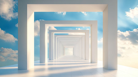 Minimalist geometric corridor with a clean, open design, framing a serene blue sky with delicate clouds and warm sunlight, creating a peaceful ambiance.の素材