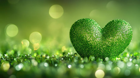 Green heart bokeh with shimmering glitter on a fresh background, creating a cute and joyful scene.の素材