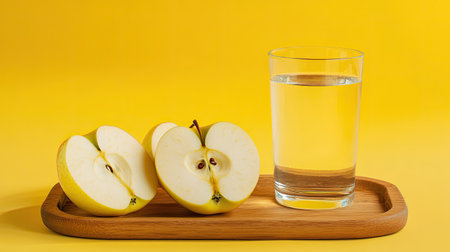 Front view of a wooden tray over apple halves, with a glass of detox water standing out on a yellow background. Apples provide a rich source of vitamin C in this setup.の素材