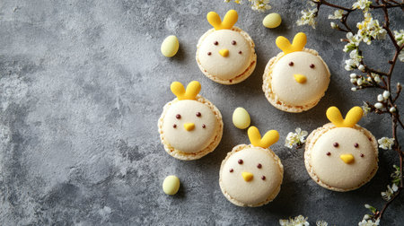 Fun and festive chick-shaped macarons for Easter, filled with vanilla and lemon, on a concrete surface with space for your message.の素材