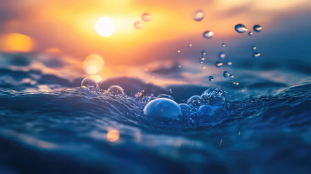 Mystical sunset scene featuring blue bubbles rising above the water, bathed in the soft glow of twilight.の素材