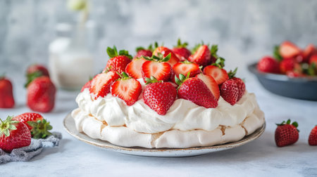 Freshly baked Pavlova with a crunchy meringue base, topped with smooth mascarpone cream and vibrant strawberries, photographed on a white tableの素材