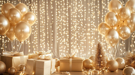 Golden birthday celebration with elegant balloons and gifts, set against a luxurious backdrop with soft lighting, perfect for a high-end party design.の素材