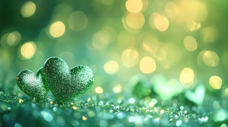 Glittering green hearts and bokeh lights on a fresh background, creating a cute and whimsical design.の素材