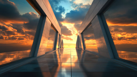 Modern geometric corridor with sharp angles and reflective surfaces, leading to a serene sky filled with fluffy clouds and golden hues of sunset.の素材