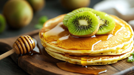 Golden pancakes drizzled with honey and garnished with fresh kiwi slices, served on a wooden board for a healthy and appetizing breakfastの素材