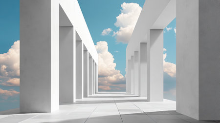 Minimalistic geometric corridor with open walls, revealing a stunning sky with vibrant colors and fluffy clouds, creating a harmonious balance between architecture and nature.の素材