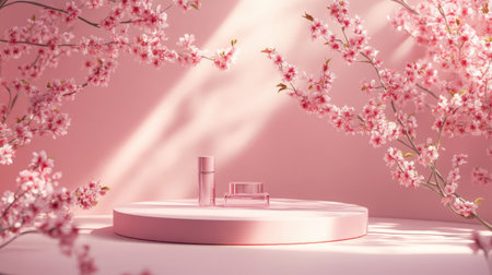 Natural beauty podium set under sakura cherry blossoms, with soft sunlight filtering through the branches. A perfect spring backdrop for elegant product displays.の素材
