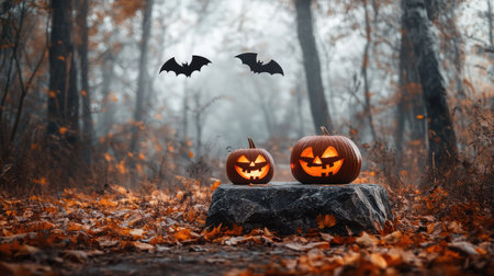 Natural stone podium in a foggy forest, with eerie Halloween decorations like carved pumpkins and bats amidst fallen autumn leaves. Ideal for product showcase.の素材