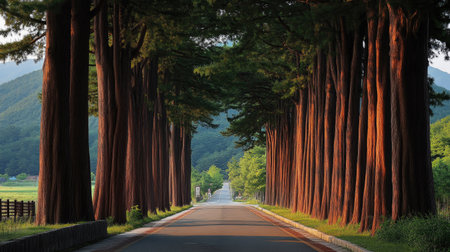 Natural Escape: The serene metasequoia tree-lined road in Damyang, Korea, providing a beautiful and tranquil escape amidst nature.の素材