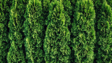 Row of thuja trees forming a green hedge, with dense foliage creating a natural backdrop. Ideal for outdoor and garden scenes.の素材